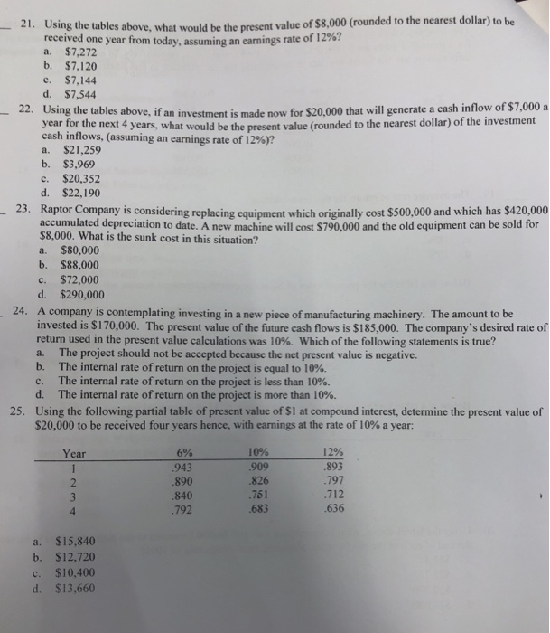  21. Using the tables above, what would be the present value