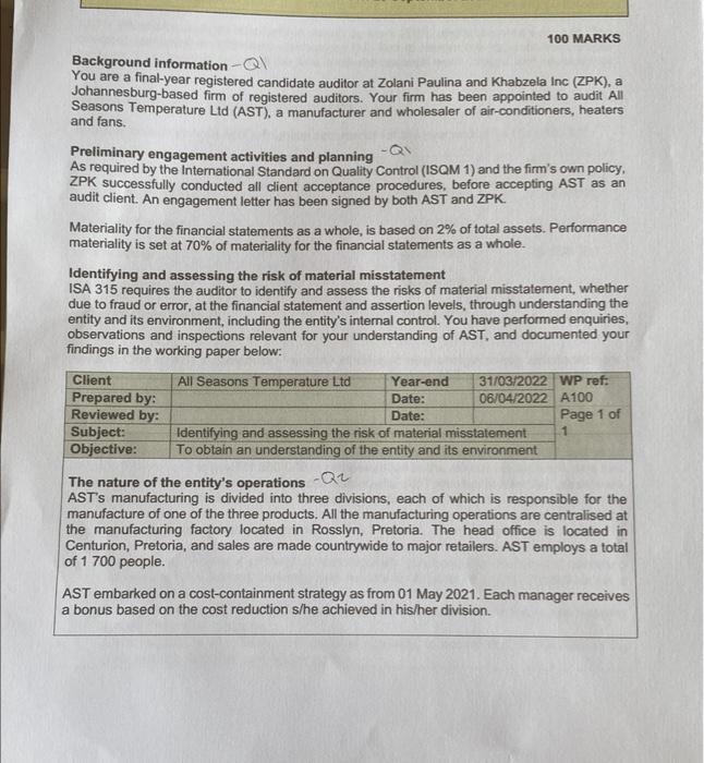  second year auditing Background information - Q1 You are a final-year