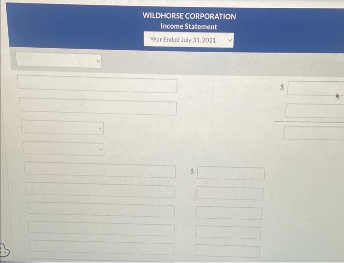 for Wildhorse Corporation at year end, July 31, 2021: WILDHORSE CORPORATION Income