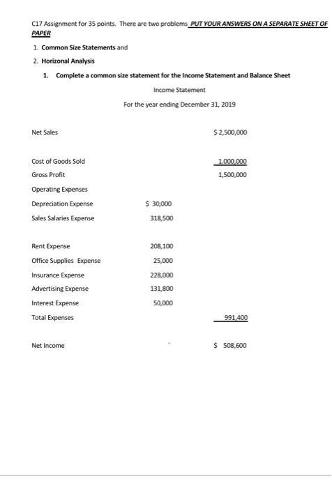 1. Complete a common size statement for the Income Statement and Balance