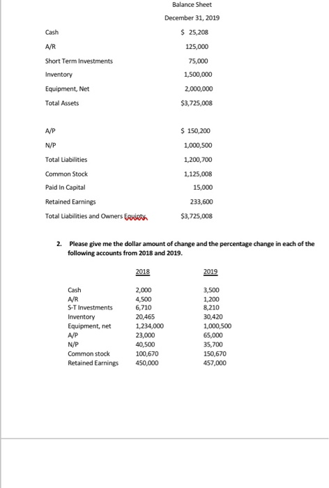 Sheet. 2. Please give the dollar amount of change and percentage change