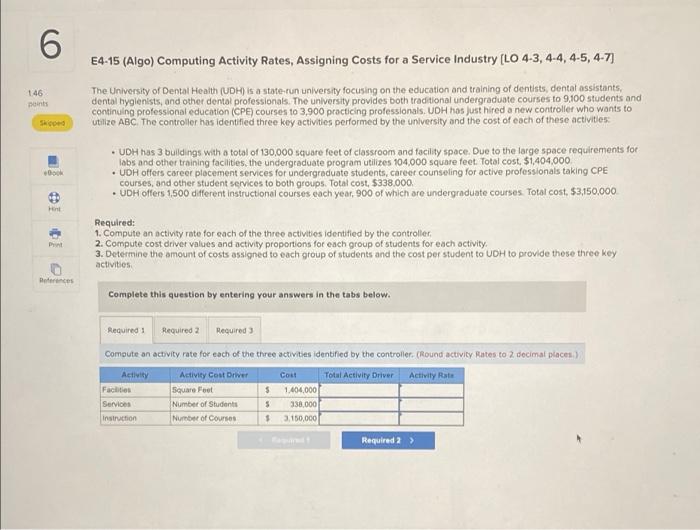  E4-15 (Algo) Computing Activity Rates, Assigning Costs for a Service Industry