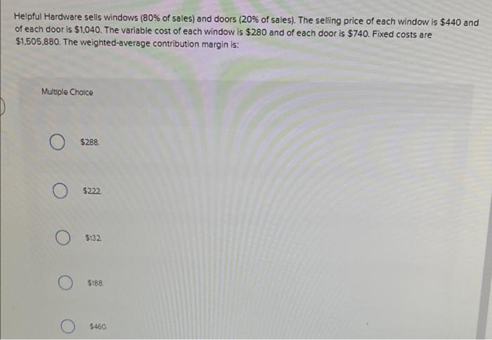 weighted avergae contribution margin is Helpful Hardware sells windows (80% of sales)
