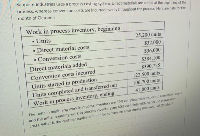  a.$3.57 b.$3.25 c.$2.97 d.$2.88 e. none Sapphire Industries uses a process