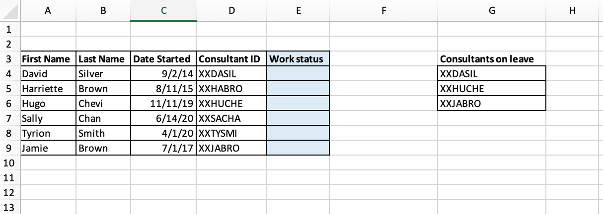 In Cells E4-E9 the consultants work status should be displayed as either