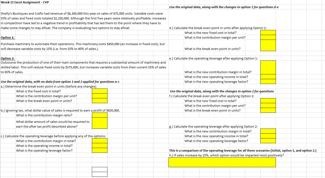 Week 11 Excel Assignment - CVP Use the original data, along