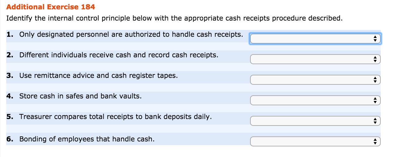 Identify the internal control principle below with the appropriate cash receipts