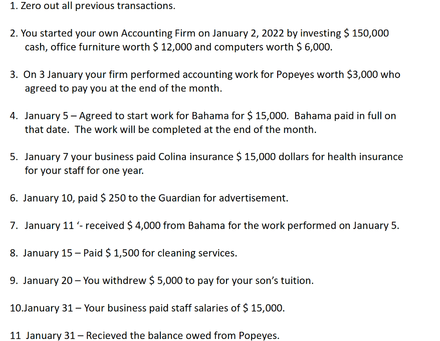 Accounting Help 1. Zero out all previous transactions. 2. You started your