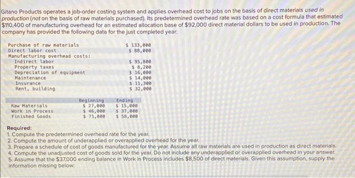 anyone can help? (Req1-5) Gitano Products operates a job-order costing system and