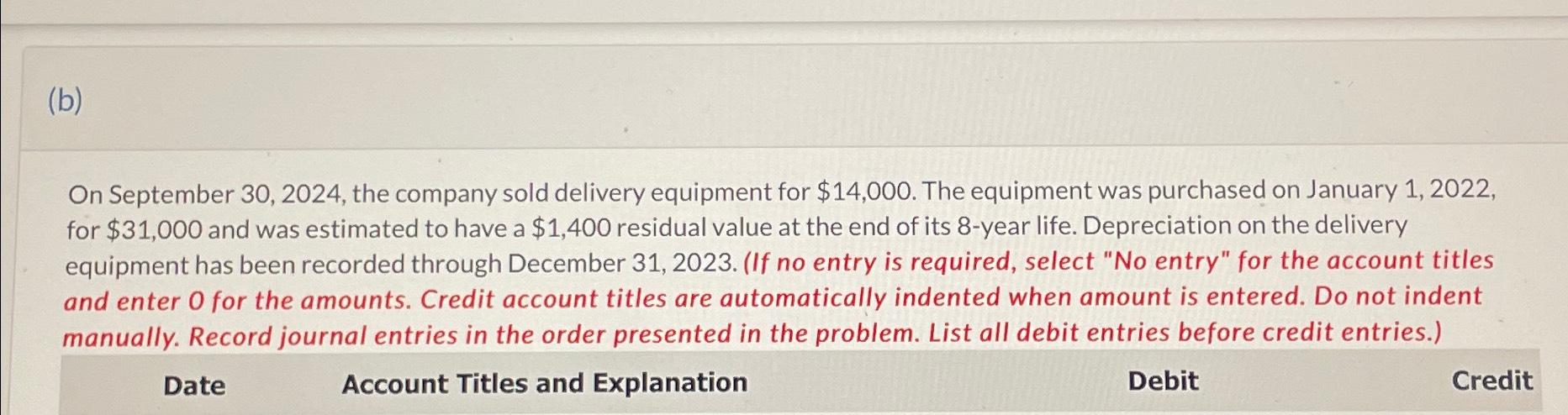  (b) On September 30,2024, the company sold delivery equipment for $14,000.