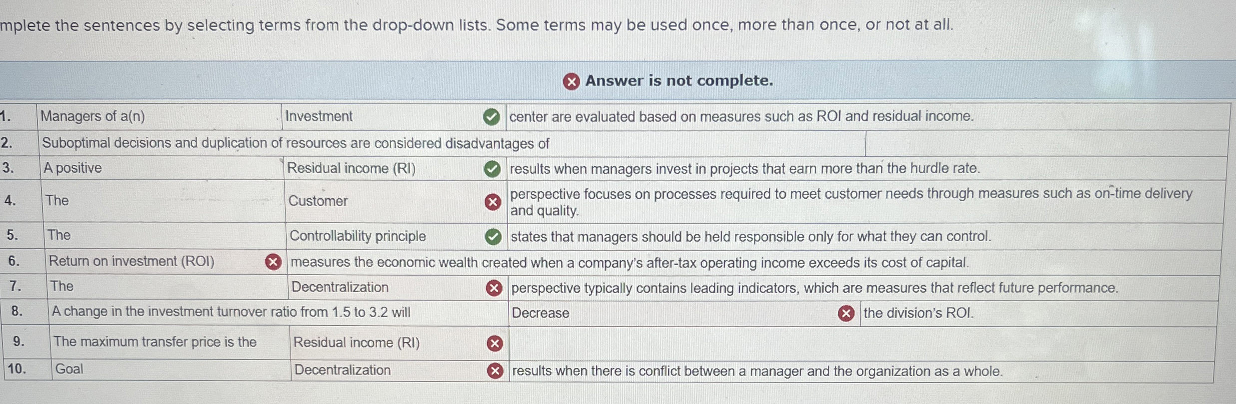  mplete the sentences by selecting terms from the drop-down lists. Some