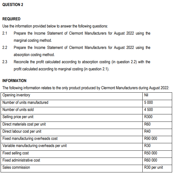  REQUIRED Use the information provided below to answer the following questions: