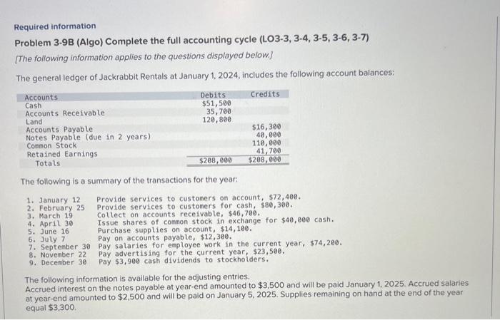  Required information Problem 3-9B (Algo) Complete the full accounting cycle (LO3-3,