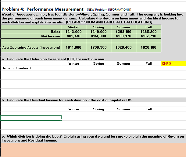  Problem 4: Performance Measurement (New Problem information!!) Weather Accessories, Inc., has