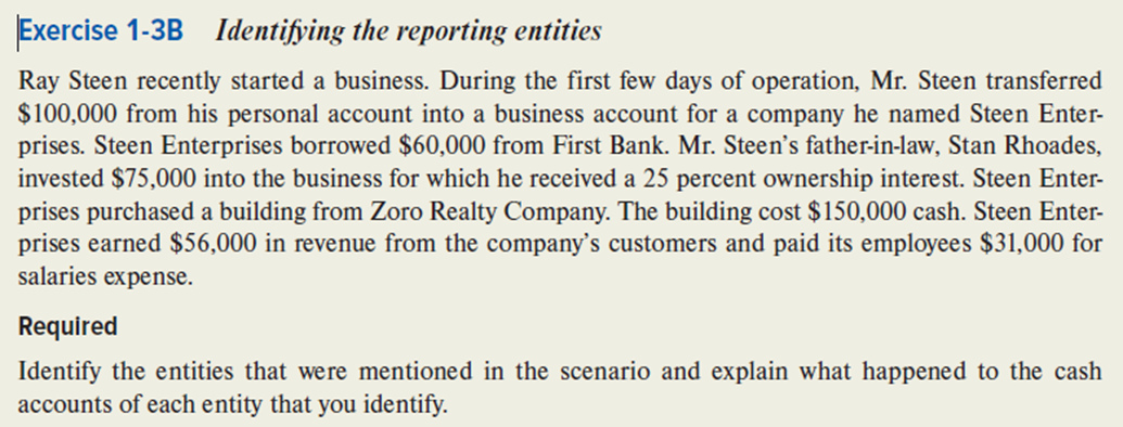 Exercise 1-3B Identifying the reporting entities Ray Steen recently started a