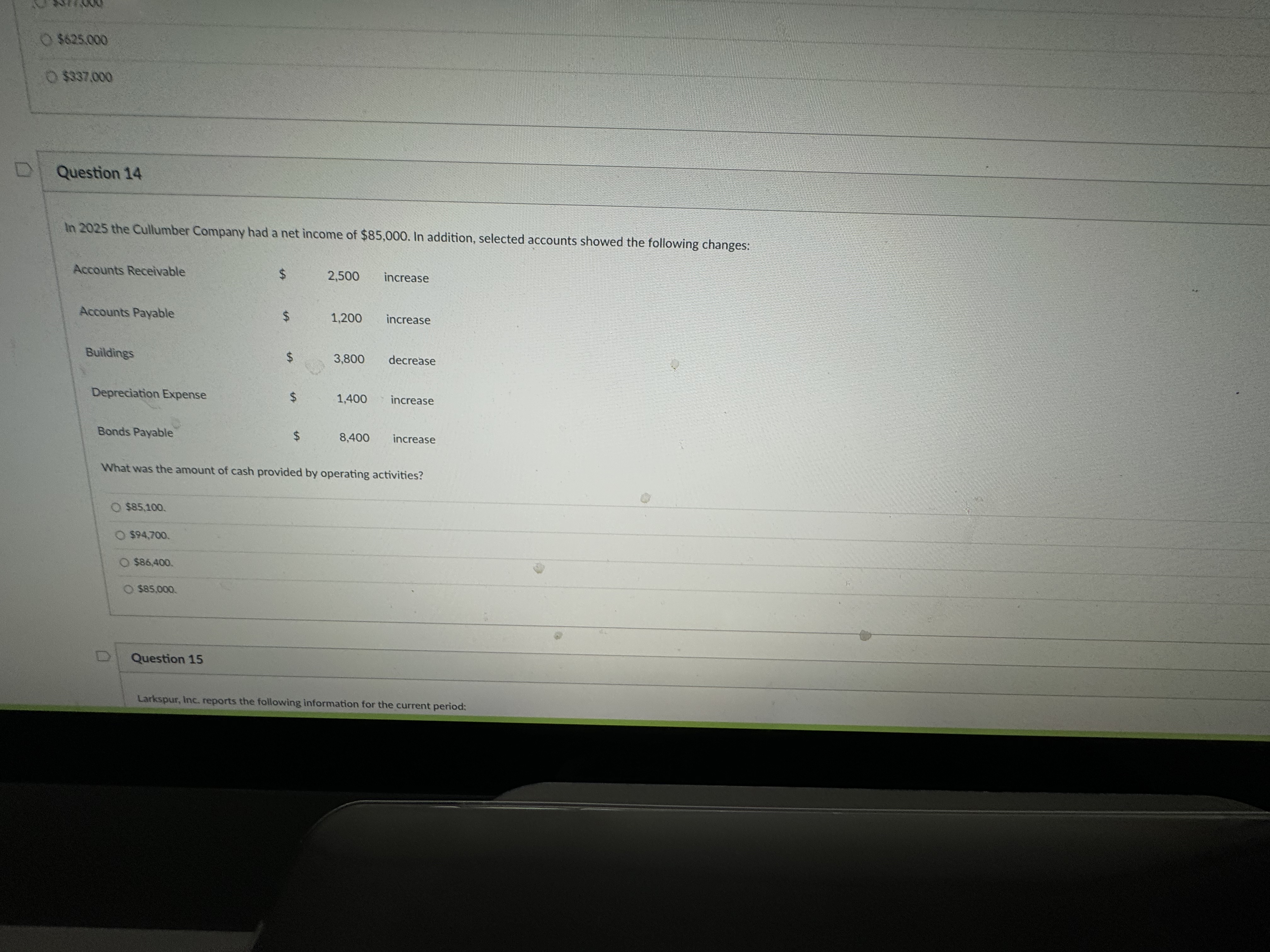  s 625,000 $337,000 Question 14 In 2025 the Cullumber Company had