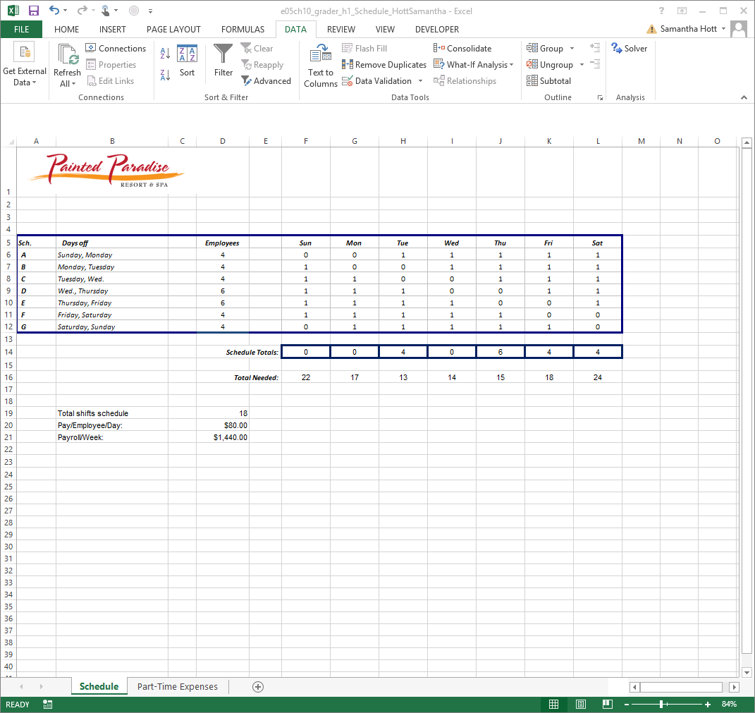 Start Excel. Open the downloaded spreadsheet named e05ch10_grader_h1_Schedule.xlsx. Save the file with