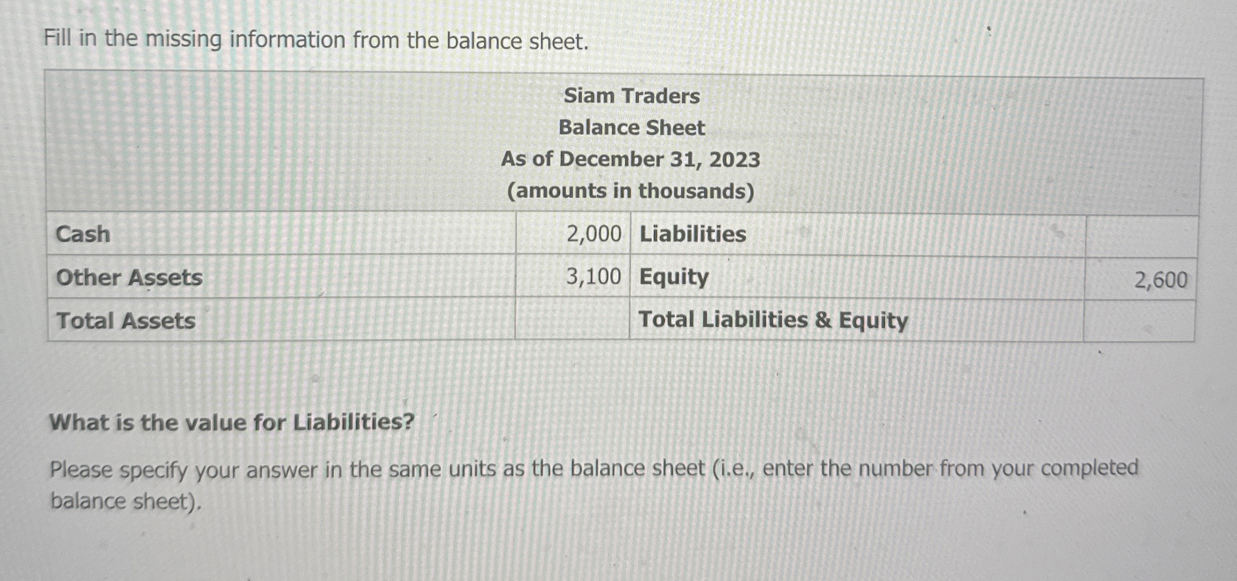 Fill in the missing information from the balance sheet. \table[[Cash,\table[[Siam Traders],[Balance