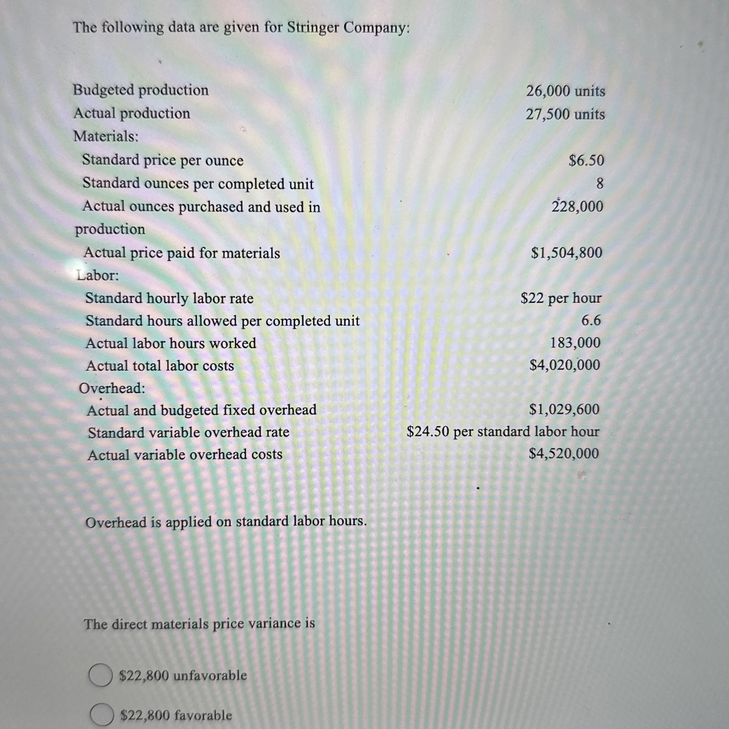  The following data are given for Stringer Company: \table[[Budgeted production,26,000 units],[Actual