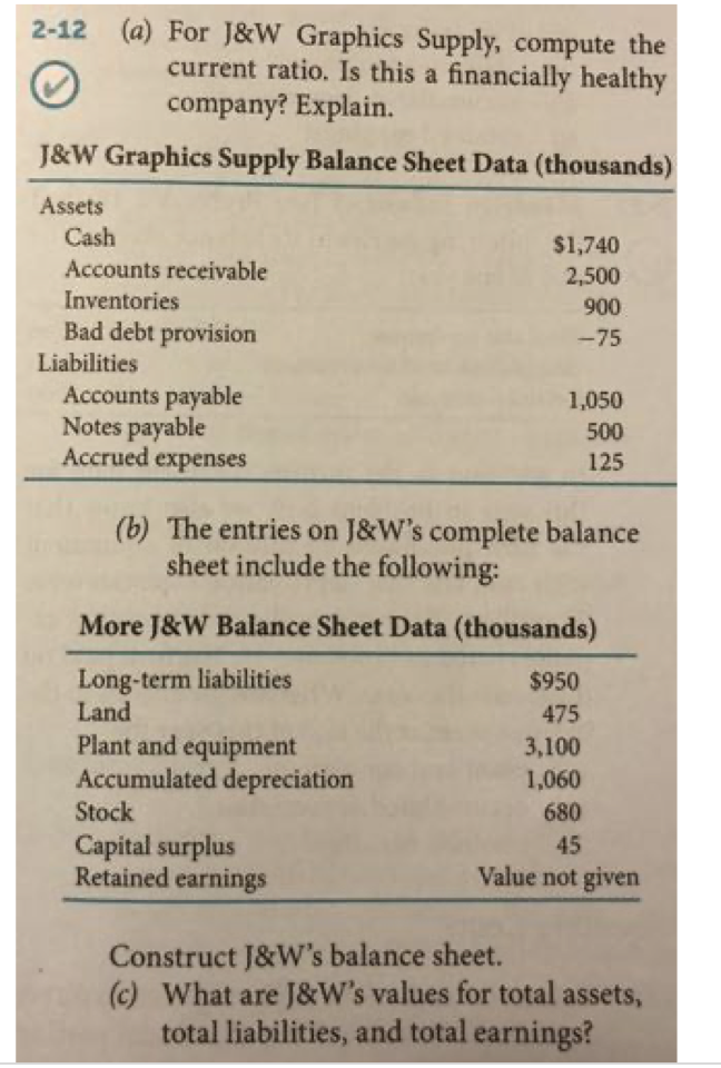  2-12 (a) For J&W Graphics Supply, compute the current ratio. Is