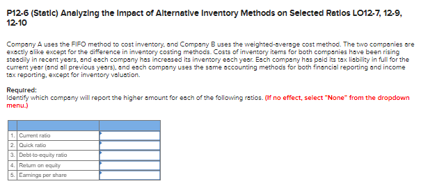  P12-6(Static) Analyzing the Impact of Alternatlve Inventory Methods on Selected Ratlos