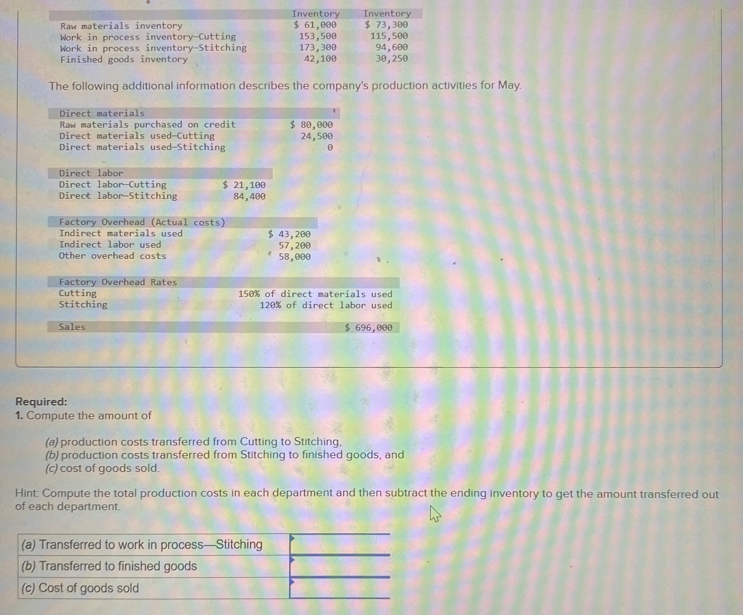  \table[[,Inventory,Inventory],[Raw materials inventory,$61,000,$73,300 