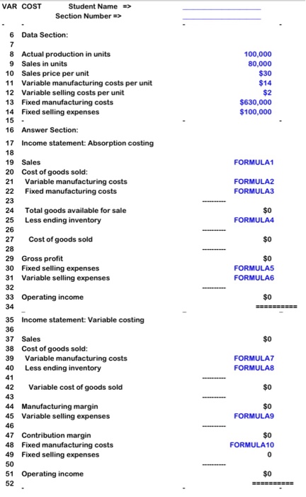  VAR COST Student Name Section Number 6 Data Section 7 100,000