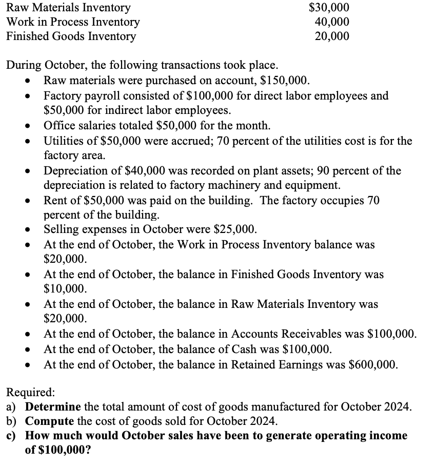 Raw Materials Inventory Work in Process Inventory Finished Goods Inventory During October,