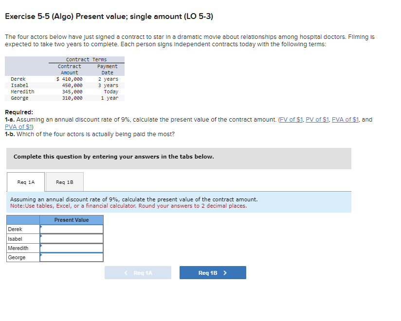  Exercise 5-5(Algo) Present value; single amount (LO 5-3) The four actors