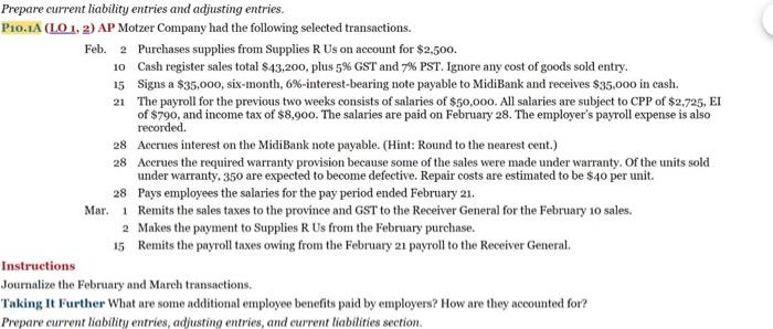  repare current liability entries and adjusting entries. 10.1A ( LO1,2) AP