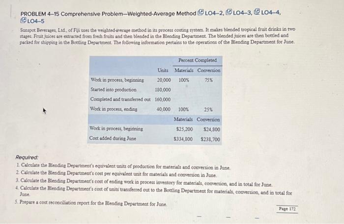  PROBLEM 4-15 Comprehensive Problem-Weighted-Average MethodLO4-2, LO4-3,LO4-4, LO4-5 Sunspot Beverages, Ltd., of
