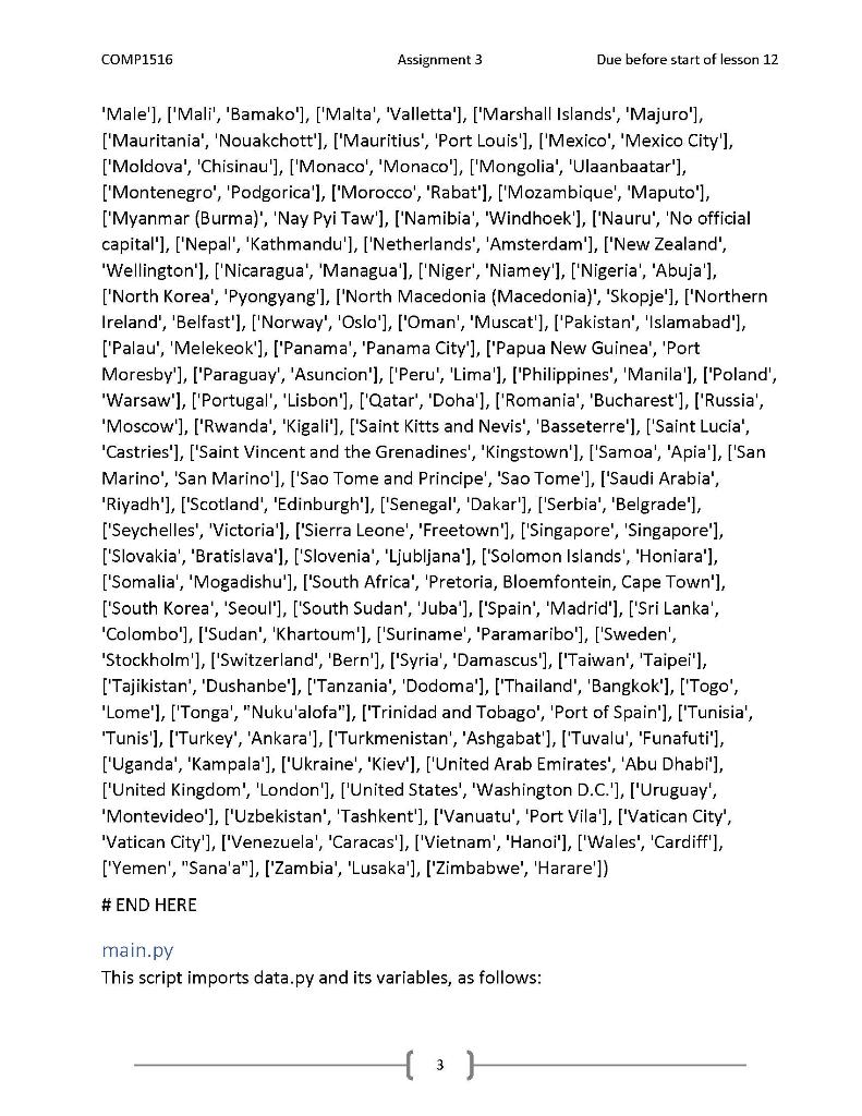 guidelines. Create three python files named Country.py, data.py, and main.py, with the
