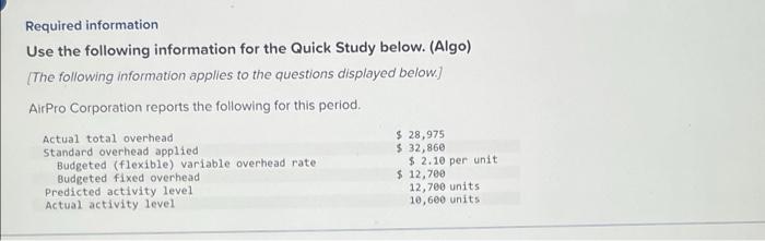  Required information Use the following information for the Quick Study below.