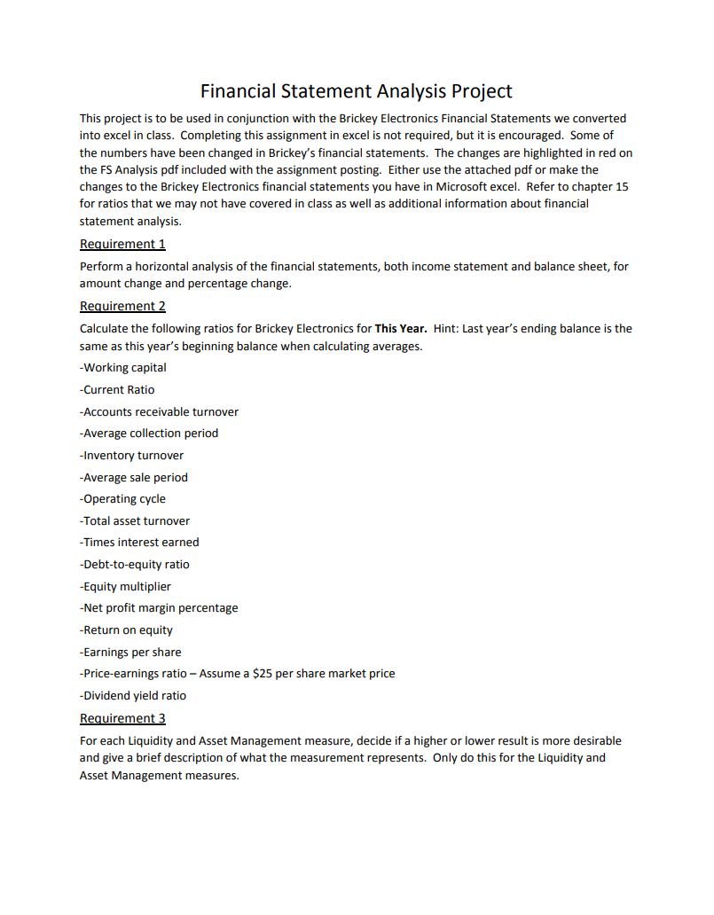  Financial Statement Analysis Project This project is to be used in