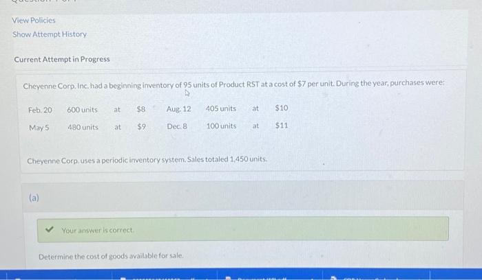  Current Attempt in Progress Cheyenne Corp. Inc. had a beginning inventory