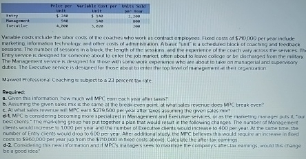  \table[[,\table[[Price per],[Uhit]],\table[[Varlable cust per],[unit]],\table[[LnLts 5ald],[per Mear]]],[Entry,5240,5.169,2.204],[Management,998,340,(We%],[Executive,4,5020,3,400,294]] Variable custs include the labor