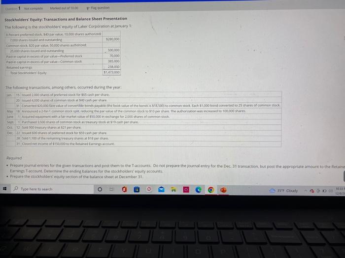 Do not use negative signs with your answers. Stockholders' Equity: Transactions and