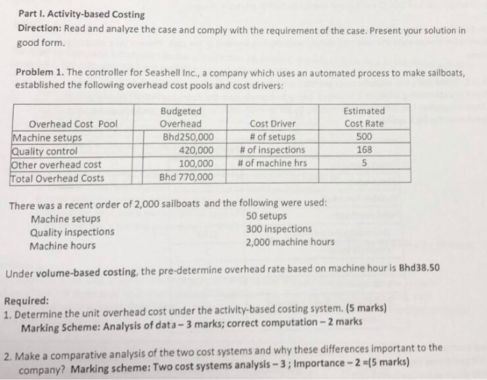  activity based costing Part I. Activity-based Costing Direction: Read and analyze