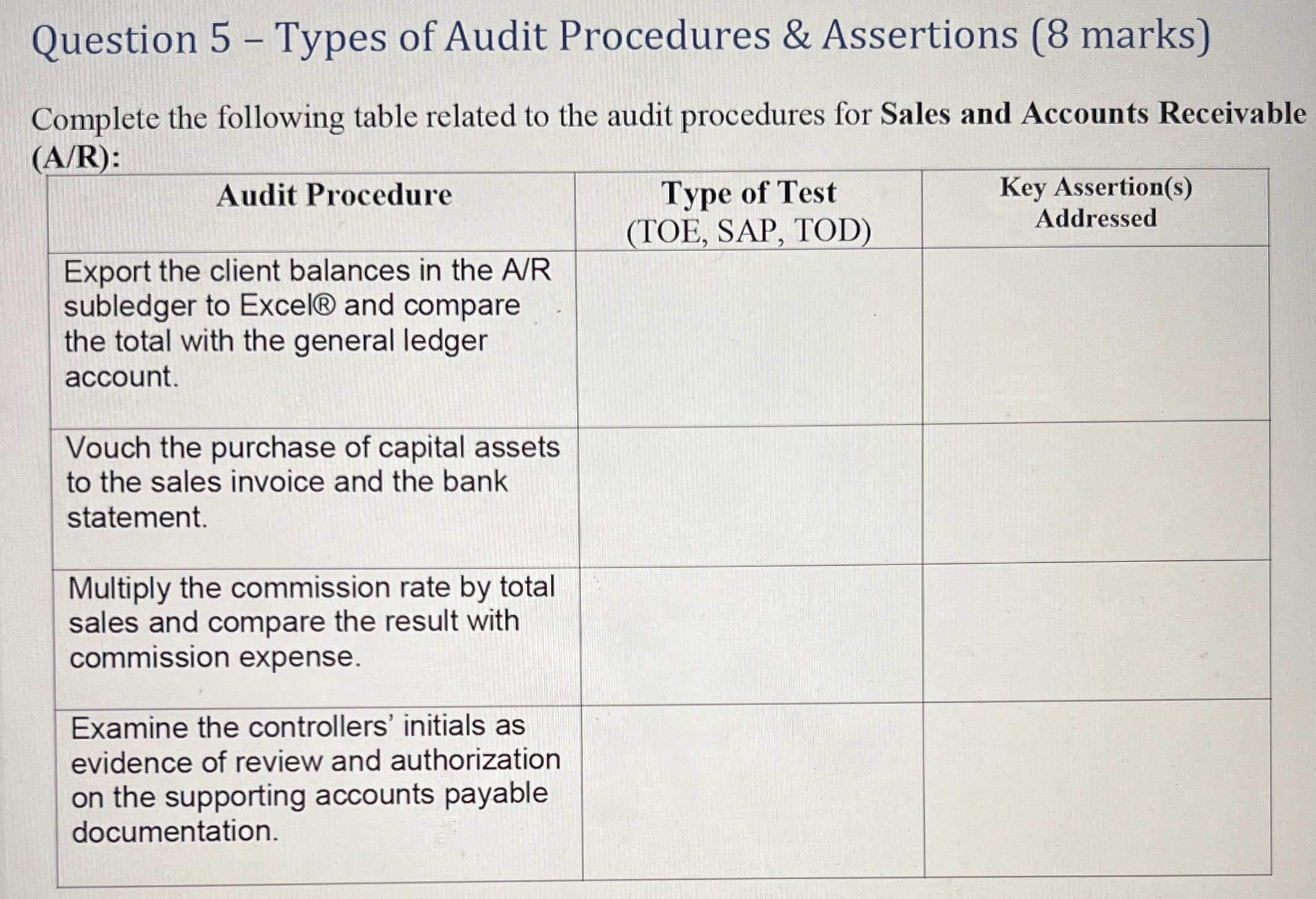  Question 5- Types of Audit Procedures & Assertions (8 marks) Complete