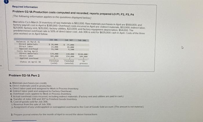  Required information Problem 02-1A Production costs computed and recorded; reports prepared