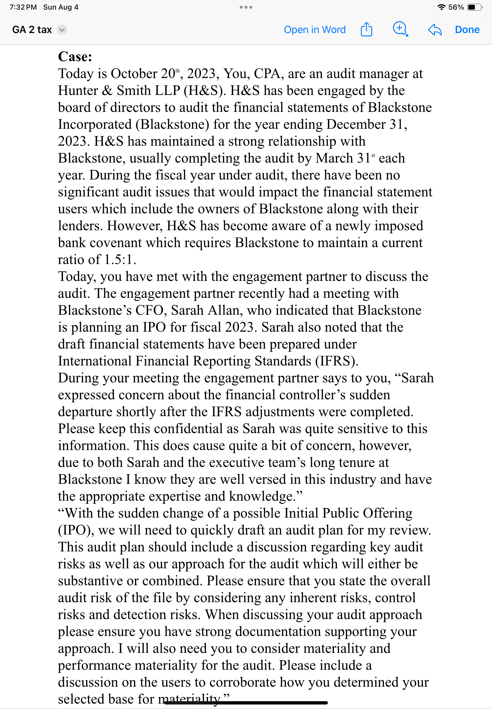  . Case: Today is October 20?mit2023, You, CPA, are an audit