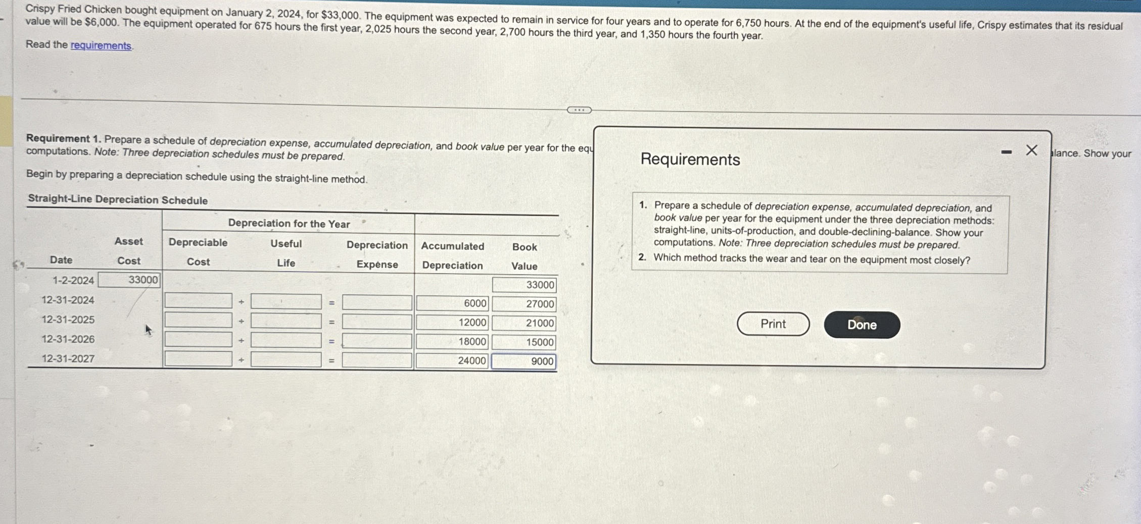  value will be $6,000. The equipment operated for 675 hours the