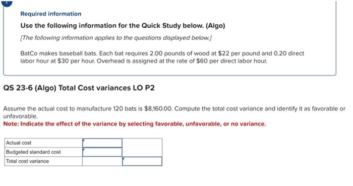  Required information Use the following information for the Quick Study below.