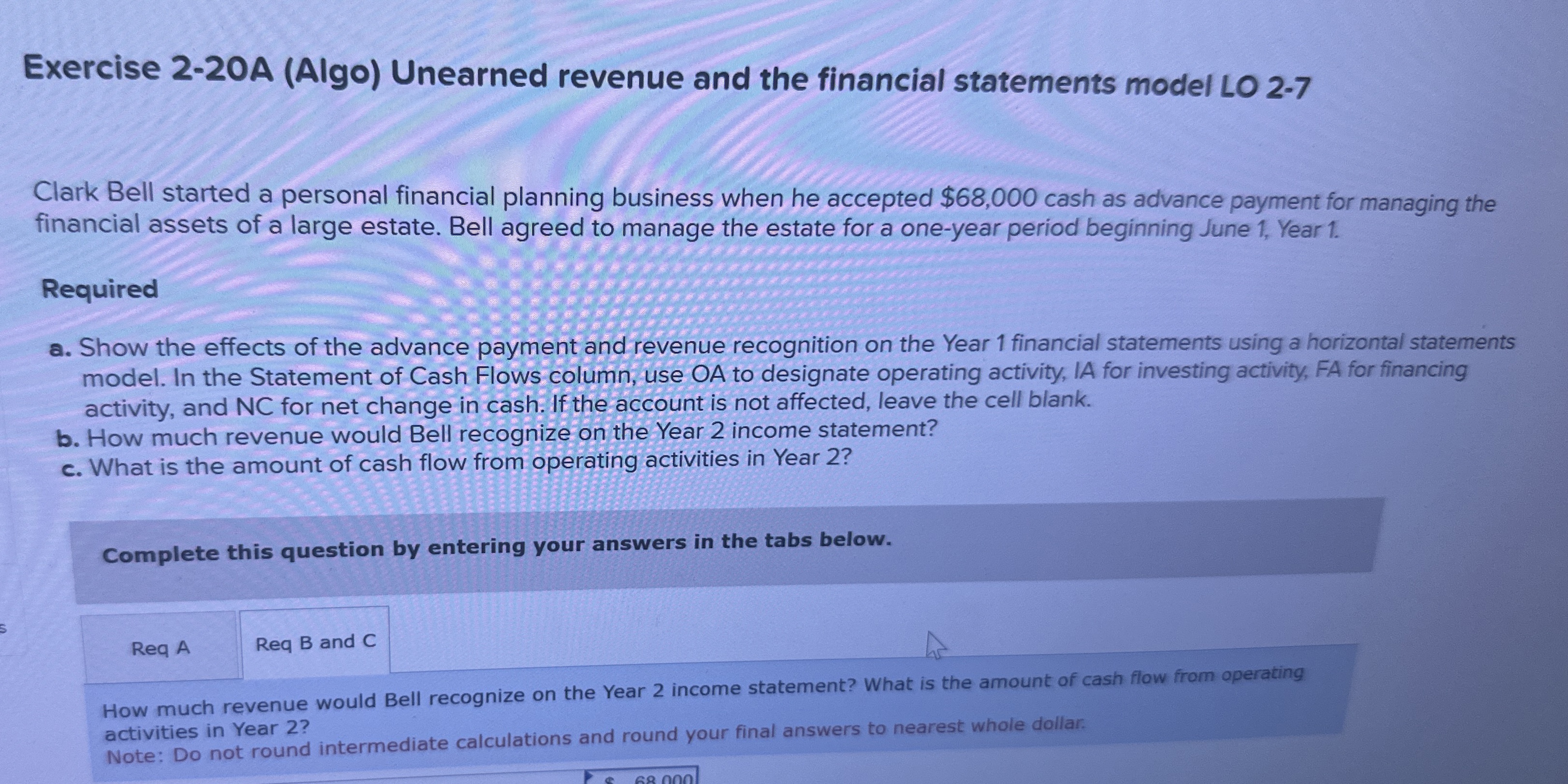  Exercise 2-20A (Algo) Unearned revenue and the financial statements model LO