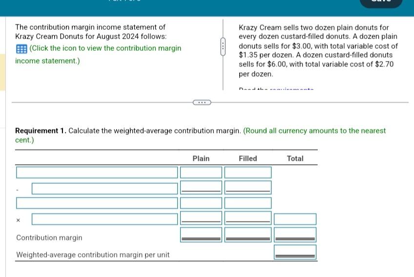 Requirement 1. Calculate the weighted-average contribution margin. (Round all currency amounts