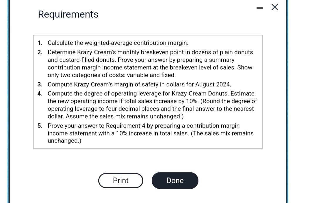 to the nearest cent.) Requirements 1. Calculate the weighted-average contribution margin. 2.