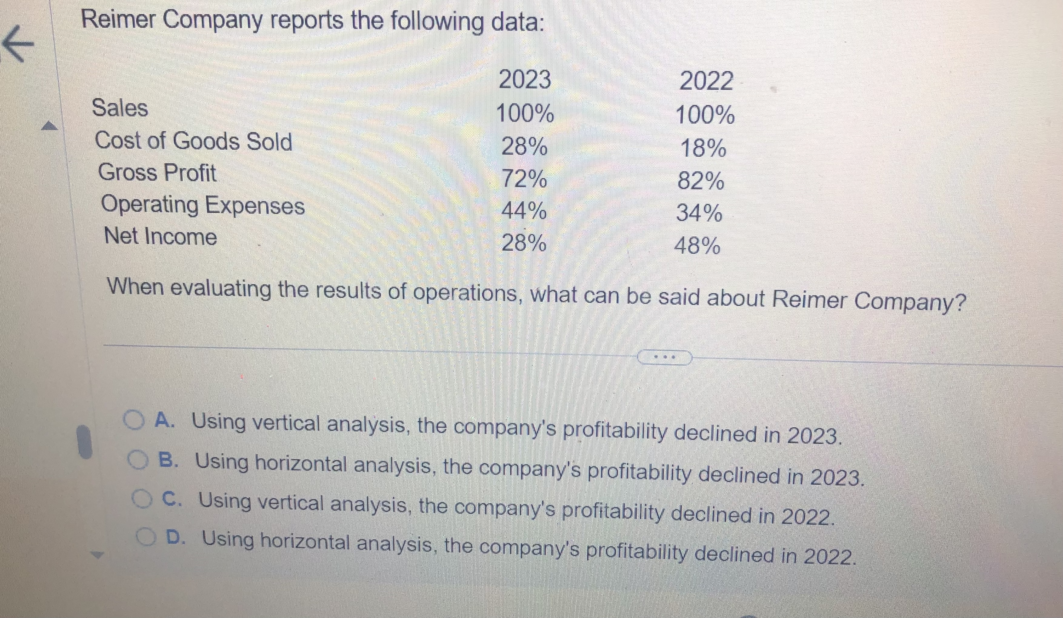  Reimer Company reports the following data: \table[[,2023,2022],[Sales,100%,100% 