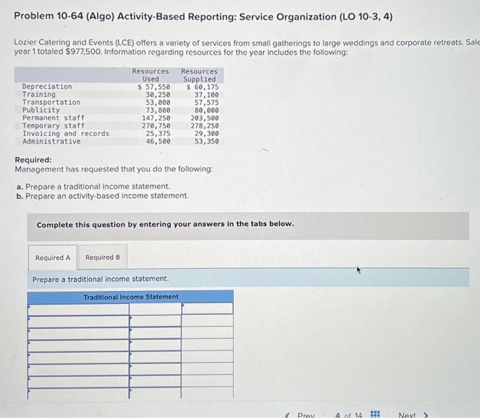  Problem 10-64 (Algo) Activity-Based Reporting: Service Organization (LO 10-3, 4) Lozier