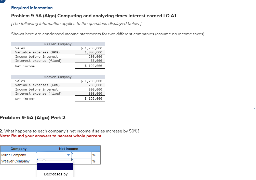 Required intormation Problem 9-5A (Algo) Computing and analyzing times interest earned