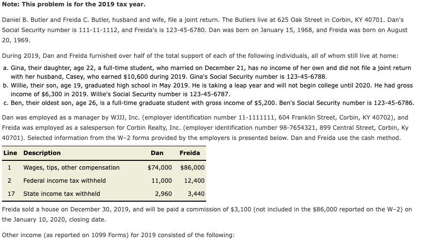 2019 TAX QUESTION Note: This problem is for the 2019 tax year.